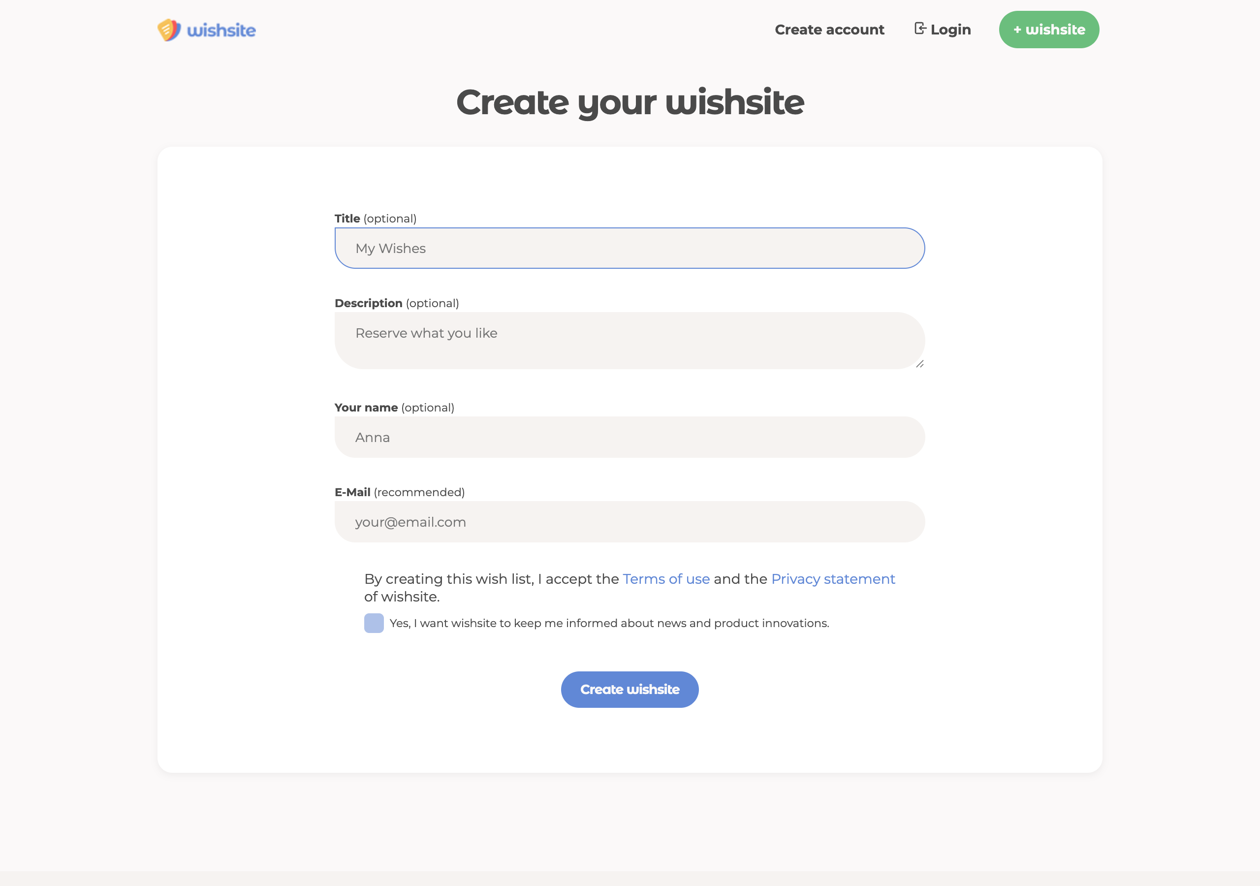 Form to create a new wishsite wish list without registration