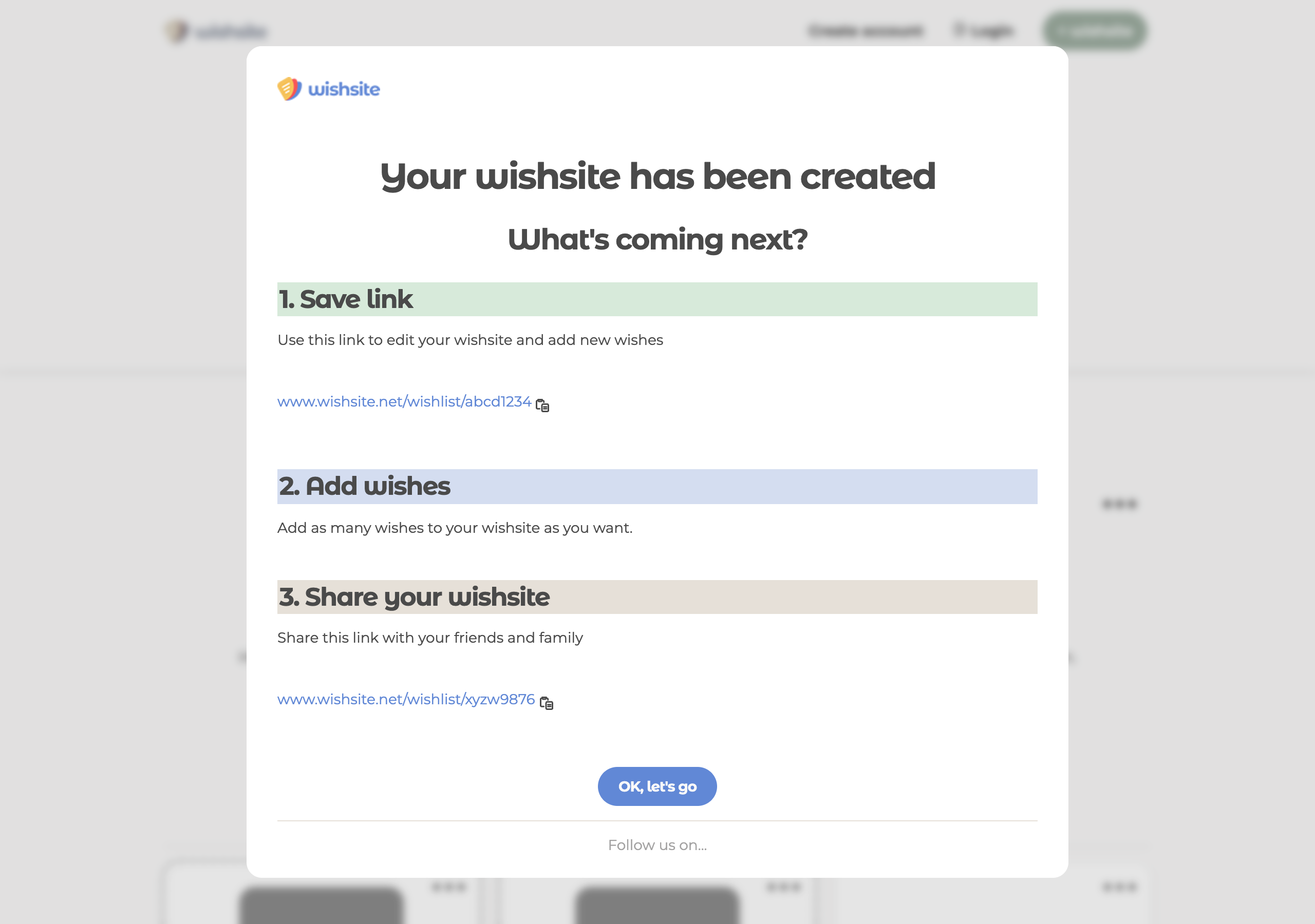 Modal after creating a wishsite wish list: save your admin link
