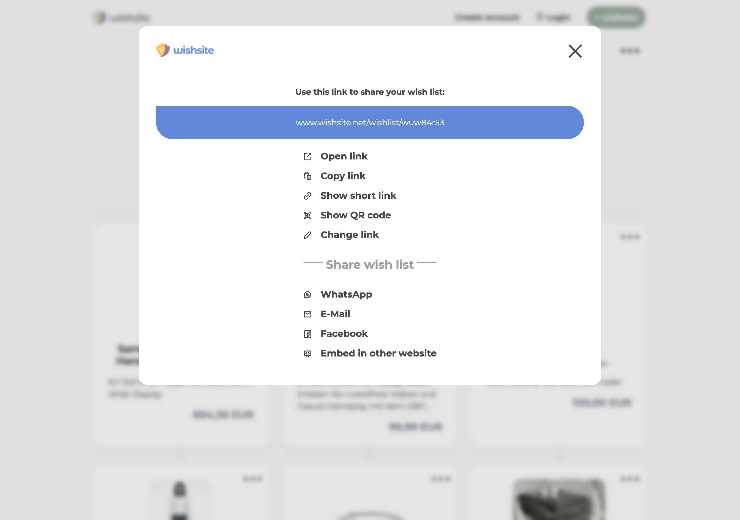 Share popup on wishsite with link, QR code and social media options