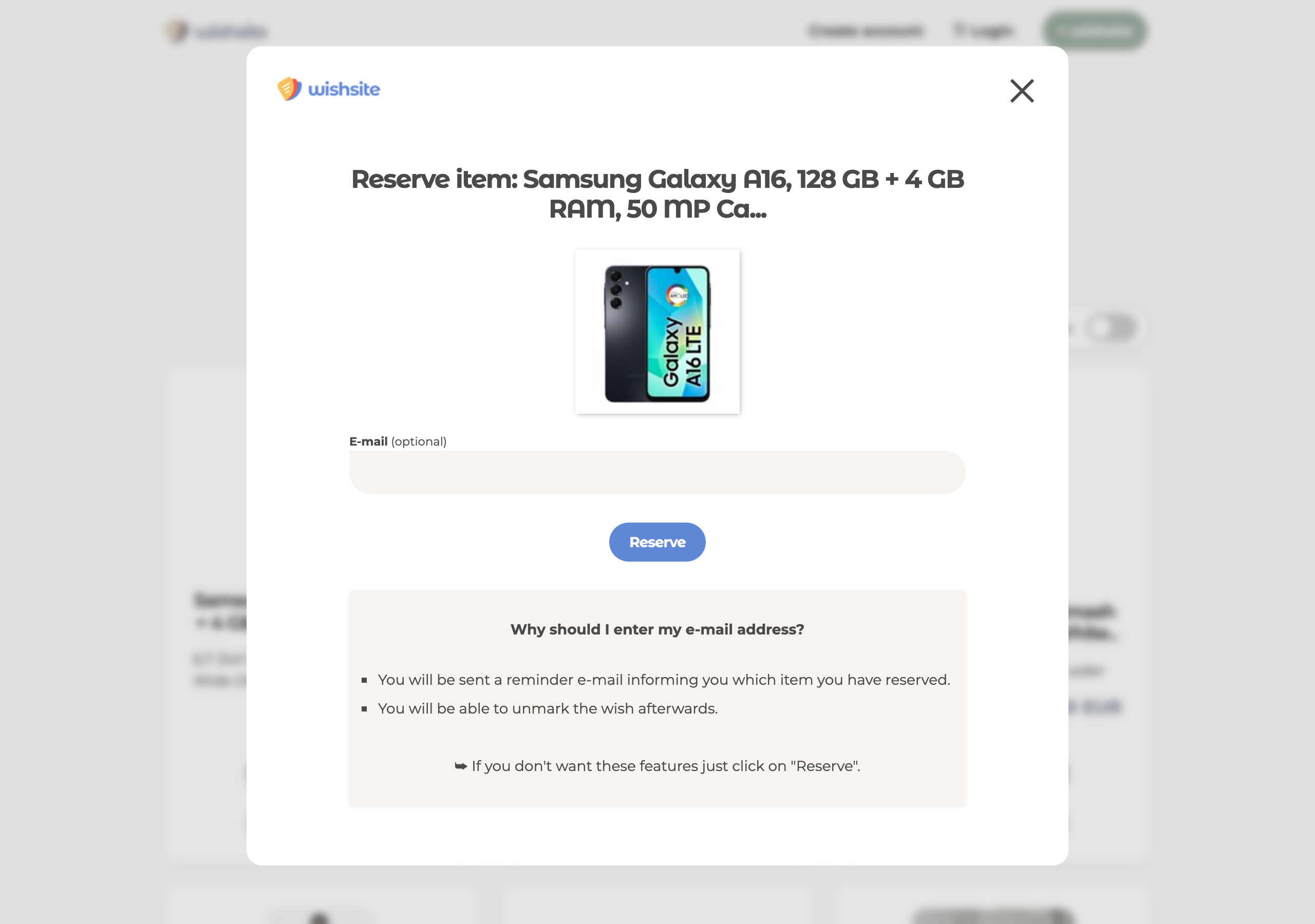 Reservation dialog on wishsite with optional e-mail entry