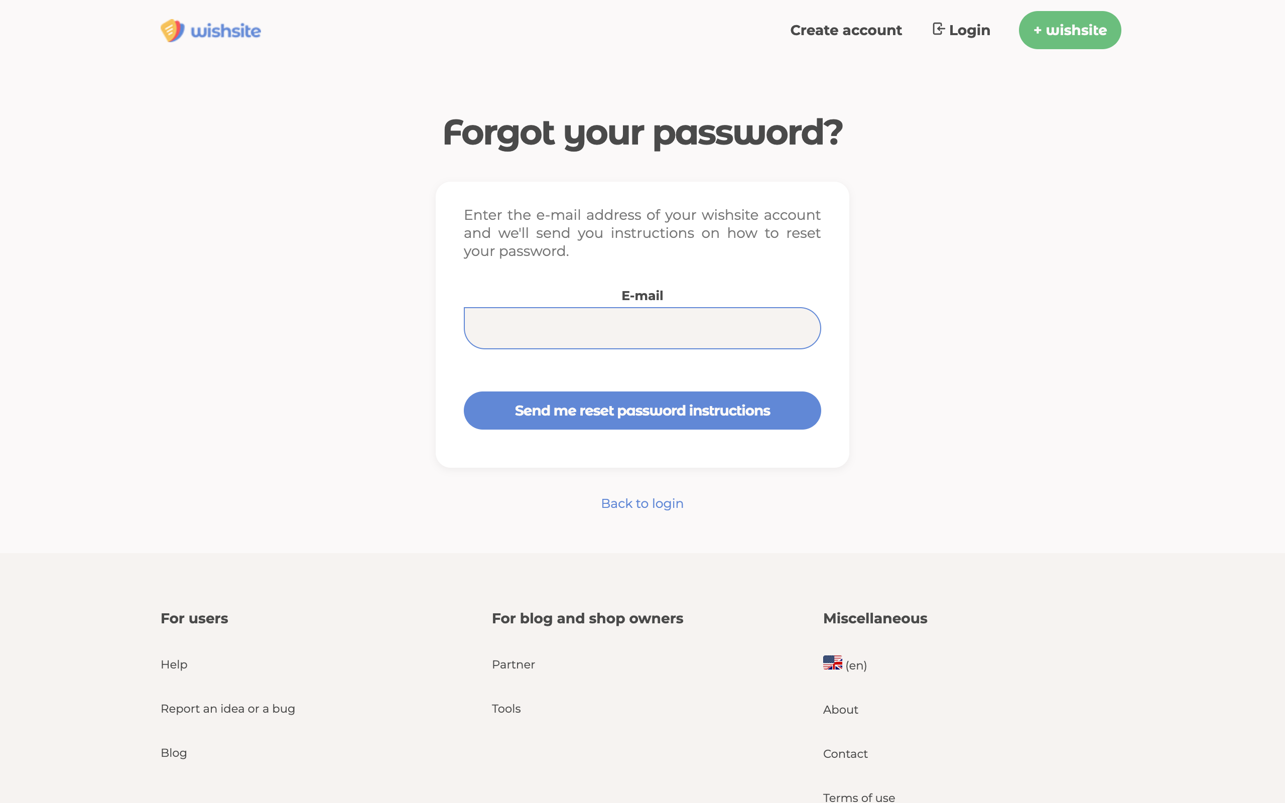 Forgot password page on wishsite to reset your account password