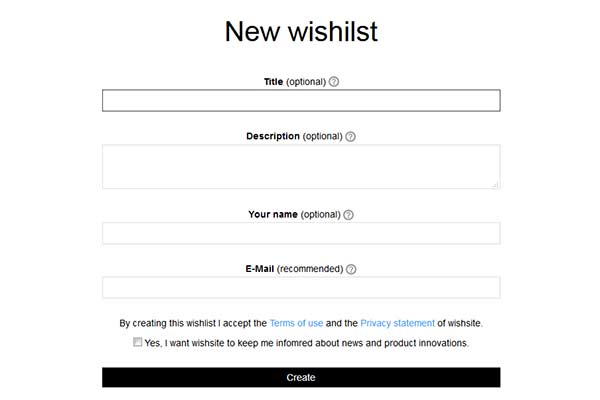 form to create a new wish list