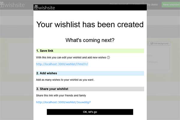 instructions after creating a new wish list